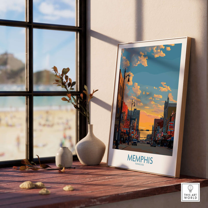 Memphis Tennessee poster featuring cityscape and iconic architecture displayed on a wooden table by a window.