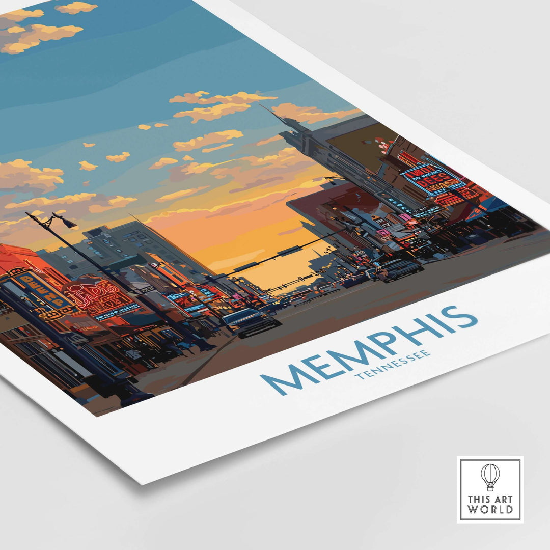 Memphis Tennessee poster featuring a vibrant city skyline and sunset with iconic signs and architecture.