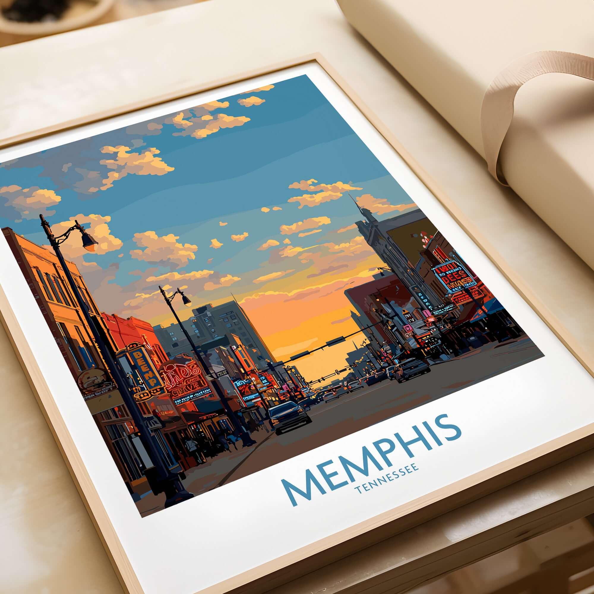 Memphis Tennessee Poster - Iconic Architecture Print - Memphis Cityscape Decor showcasing a vibrant city street at sunset.