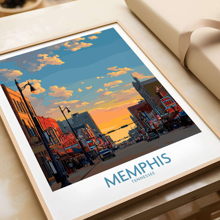 Memphis Tennessee poster featuring vibrant city streets at sunset, framed decor for urban-inspired interiors.