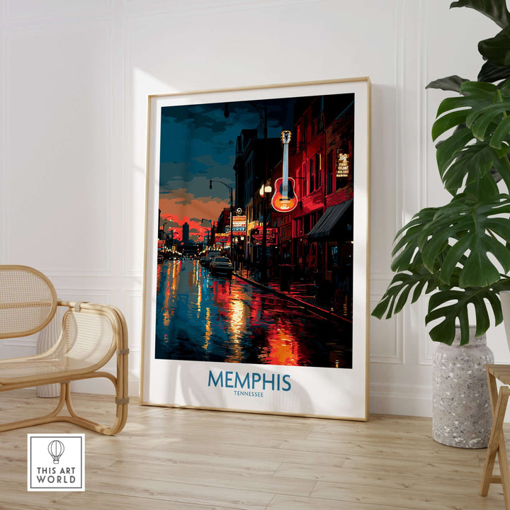 Memphis Tennessee poster showcasing downtown nightlife with vibrant cityscape and reflections at night.