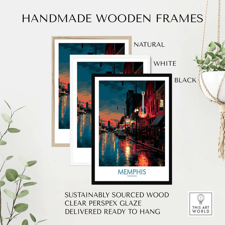 Three handmade wooden frames in natural, white, and black, displaying a vibrant Memphis Tennessee poster.