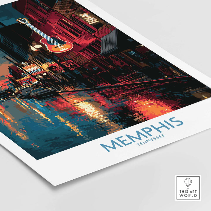 Memphis Tennessee poster featuring downtown nightlife with vibrant city reflections and guitar imagery.
