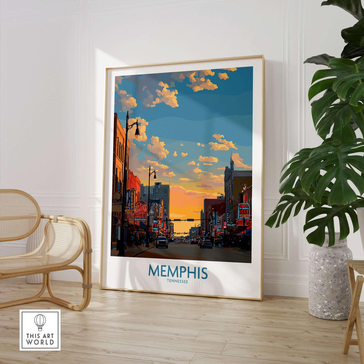 Memphis Tennessee Poster - Iconic Architecture Print - Memphis Cityscape Decor showcasing a vibrant cityscape with sunset.