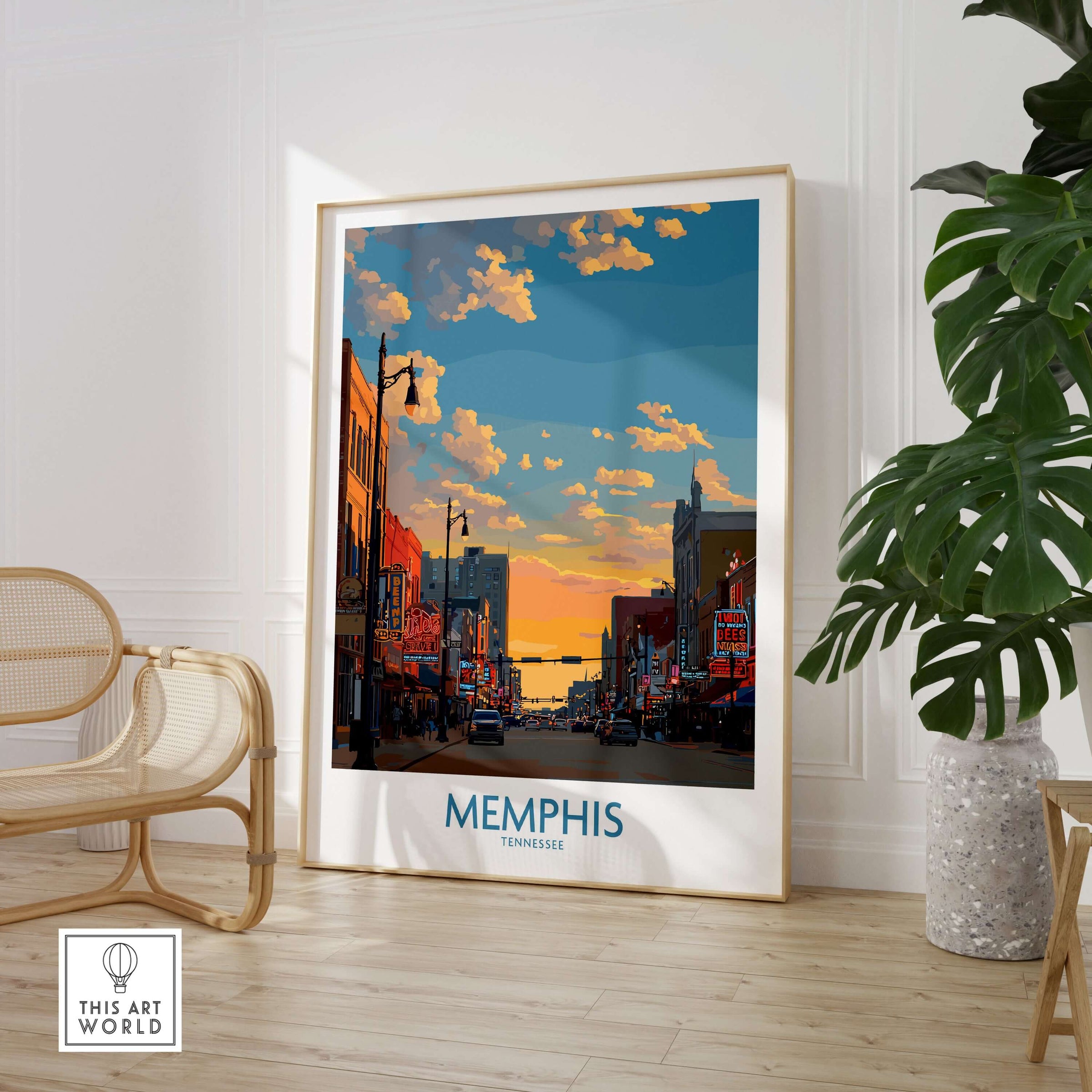 Memphis Tennessee Poster - Iconic Architecture Print - Memphis Cityscape Decor showcasing a vibrant cityscape with sunset.