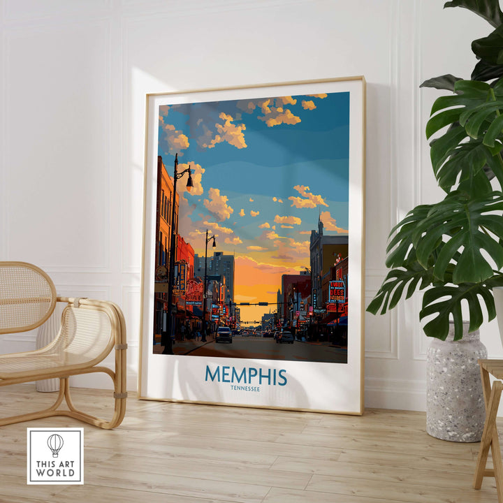Memphis Tennessee poster showcasing a vibrant sunset cityscape, perfect for unique home decor.