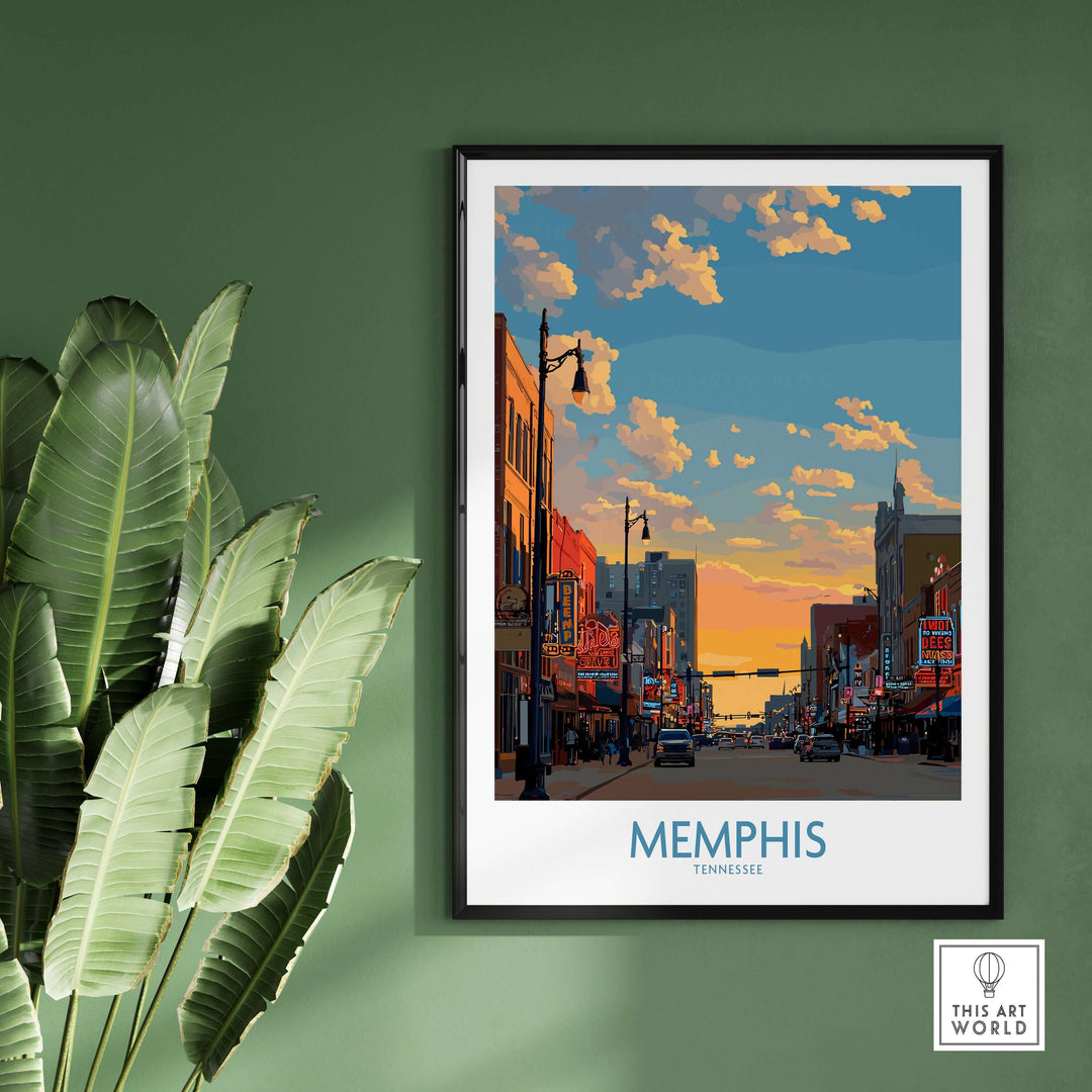 Memphis Tennessee poster showcasing cityscape at sunset, blending iconic architecture and vibrant colors.