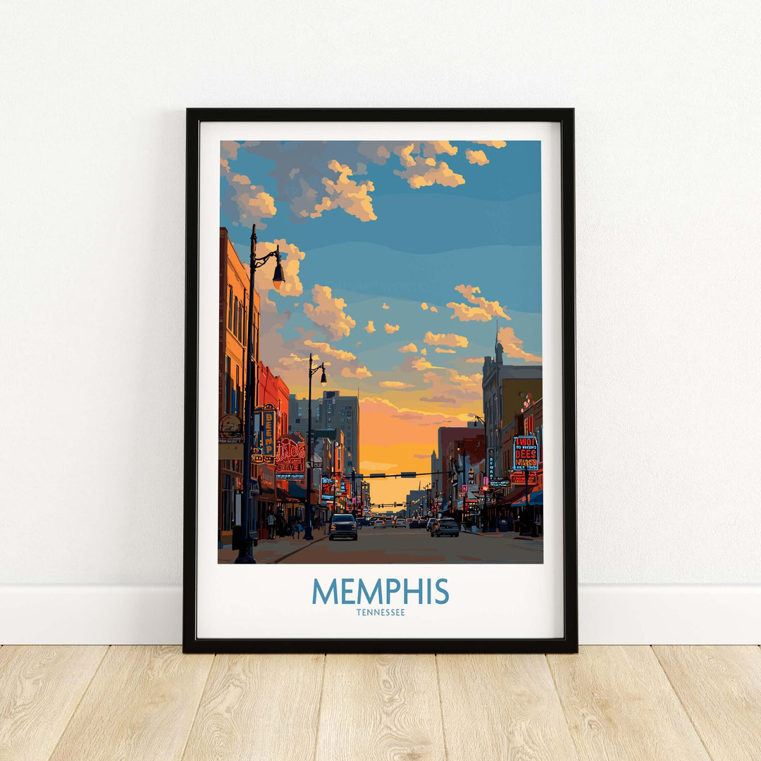 Memphis Tennessee poster featuring a vibrant cityscape at sunset, showcasing iconic architecture and lively street atmosphere.