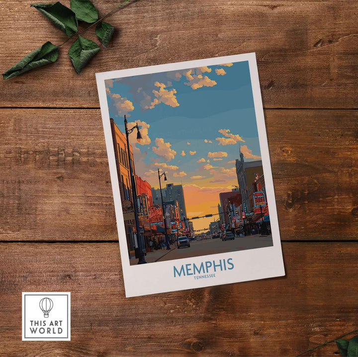 Memphis Tennessee poster featuring cityscape at sunset, showcasing iconic architecture and vibrant colors.
