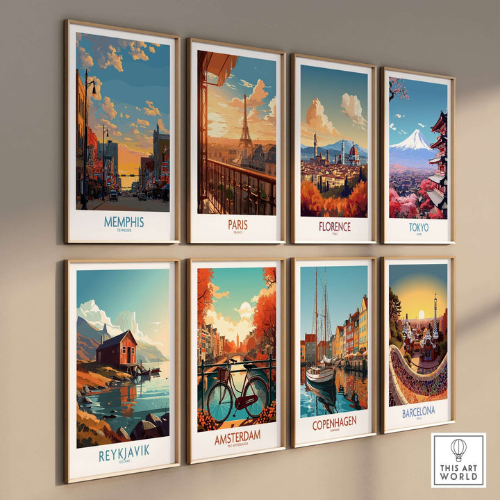 Collection of city posters featuring Memphis, Paris, Florence, Tokyo, Reykjavik, Amsterdam, Copenhagen, and Barcelona.