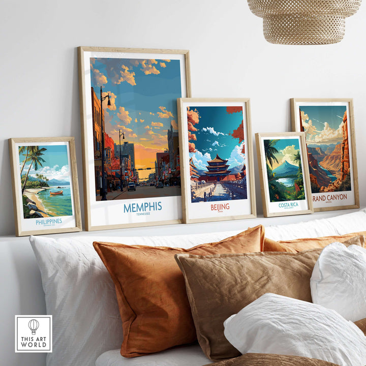 Gallery of travel posters including Memphis, featuring iconic cityscapes and landscapes for home decor.
