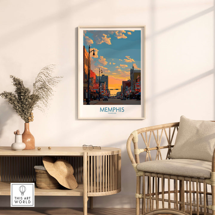 Memphis Tennessee poster featuring a vibrant cityscape with historic buildings and a colorful sunset.