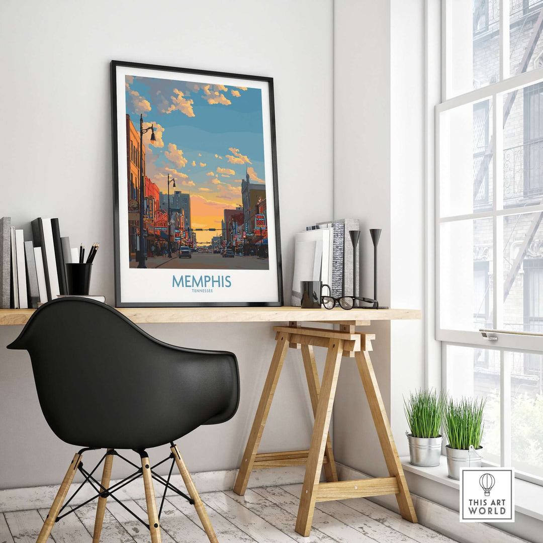 Memphis Tennessee poster displayed in a stylish workspace, highlighting iconic architecture and cityscape decor.