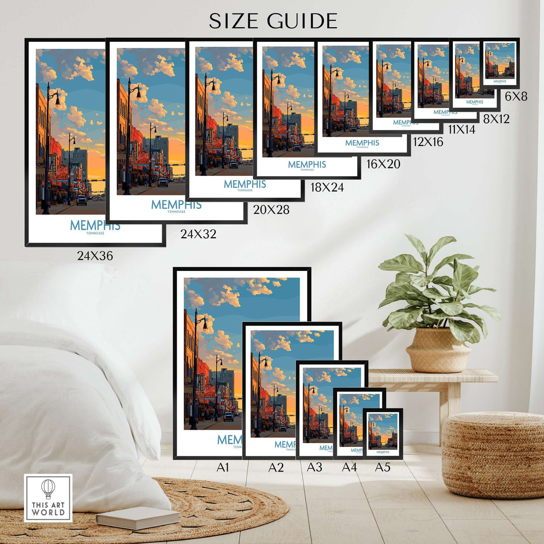 Size guide for Memphis Tennessee poster prints in various dimensions for home decor.