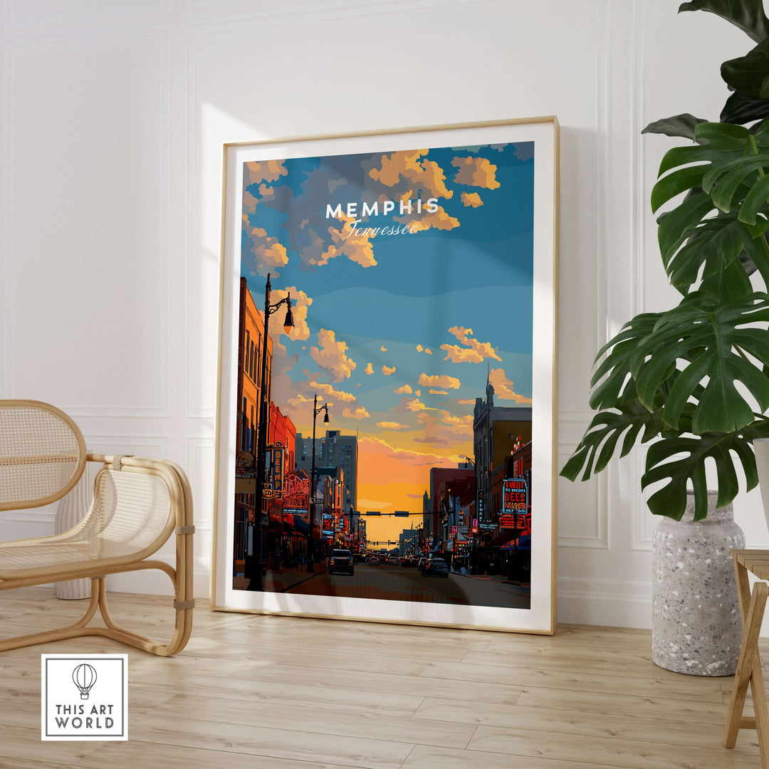 Memphis Tennessee travel poster showcasing a colorful street scene with historic buildings and a sunset.