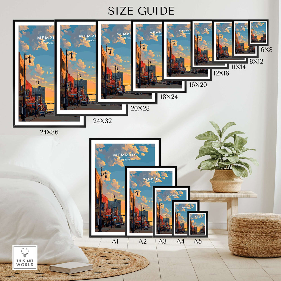 Size guide for Memphis Tennessee travel poster with various frame sizes displayed in a cozy room setting.