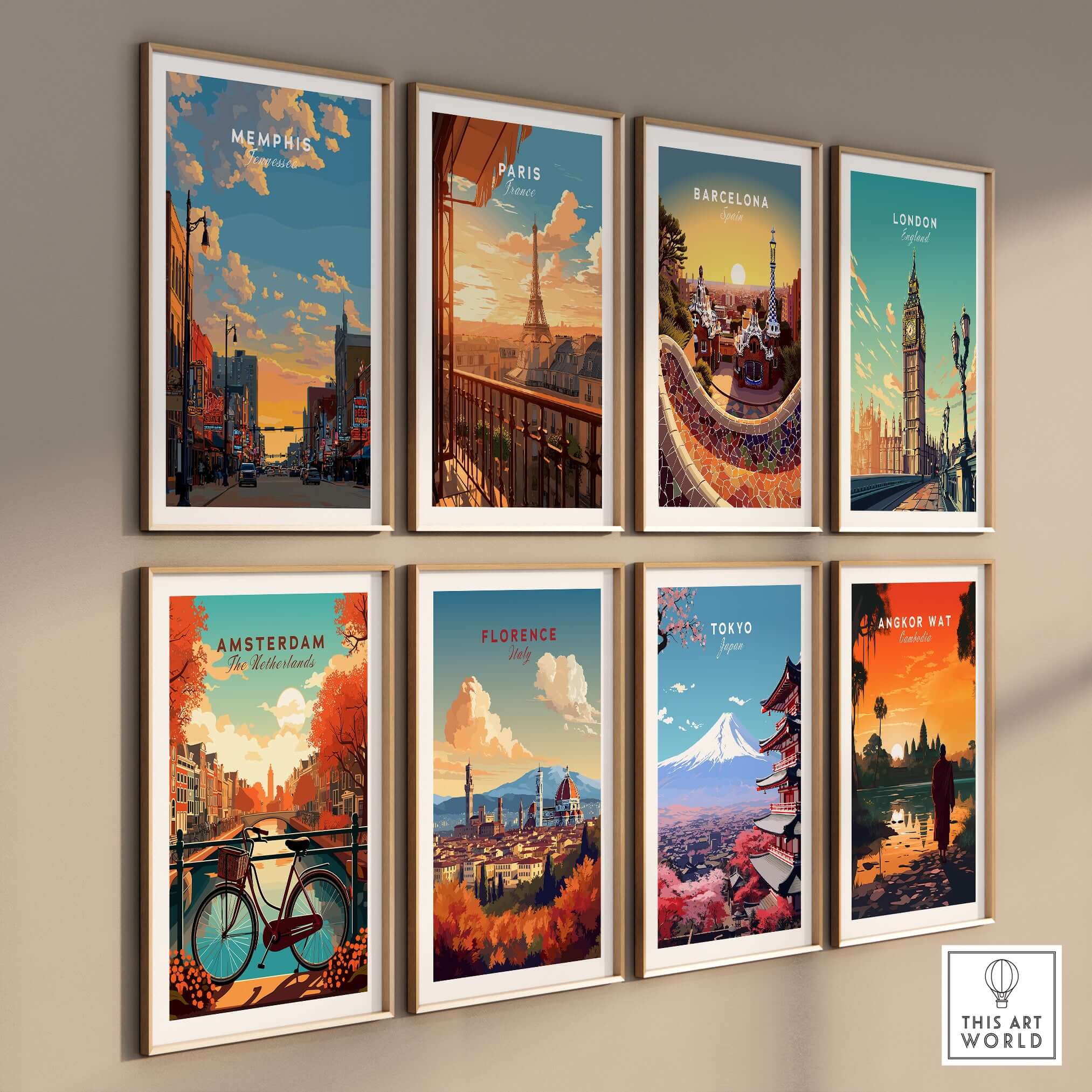Memphis Tennessee Travel Poster -  Street Scene Wall Art - Historic Building Poster collection on a wall.