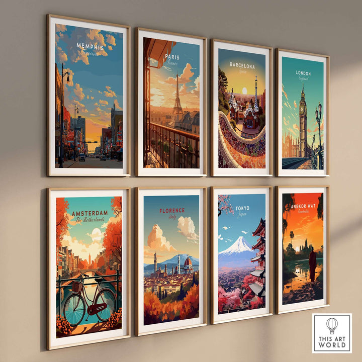Gallery of travel posters including Memphis, Paris, Barcelona, and more, showcasing iconic cityscapes and architectural designs.