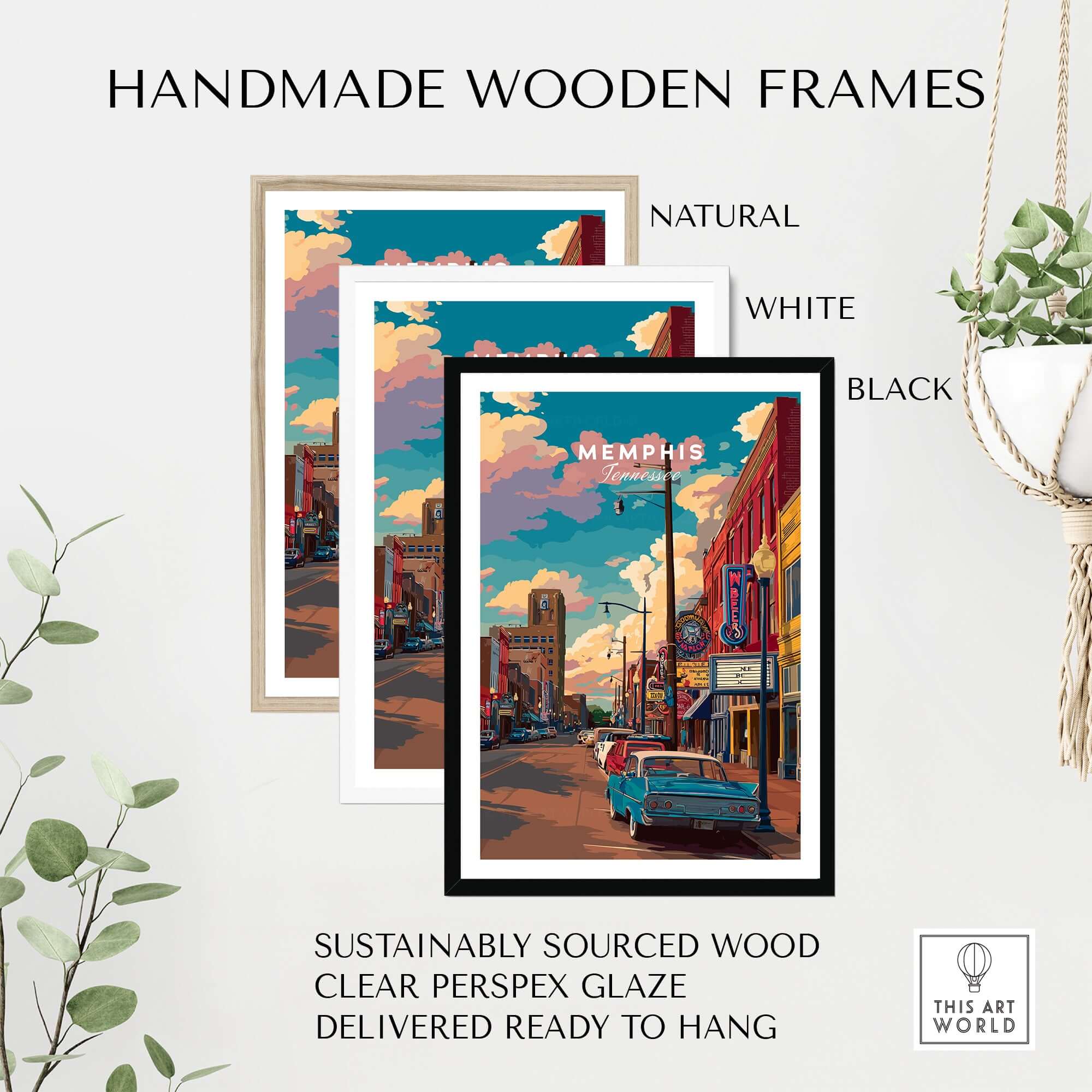 Memphis Tennessee Vintage Vibe Poster - Retro Downtown Wall Art framed in natural, white, and black handmade wooden frames.