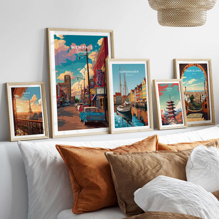 Memphis Tennessee vintage vibe poster among retro city wall art, showcasing colorful downtown charm and nostalgic design.