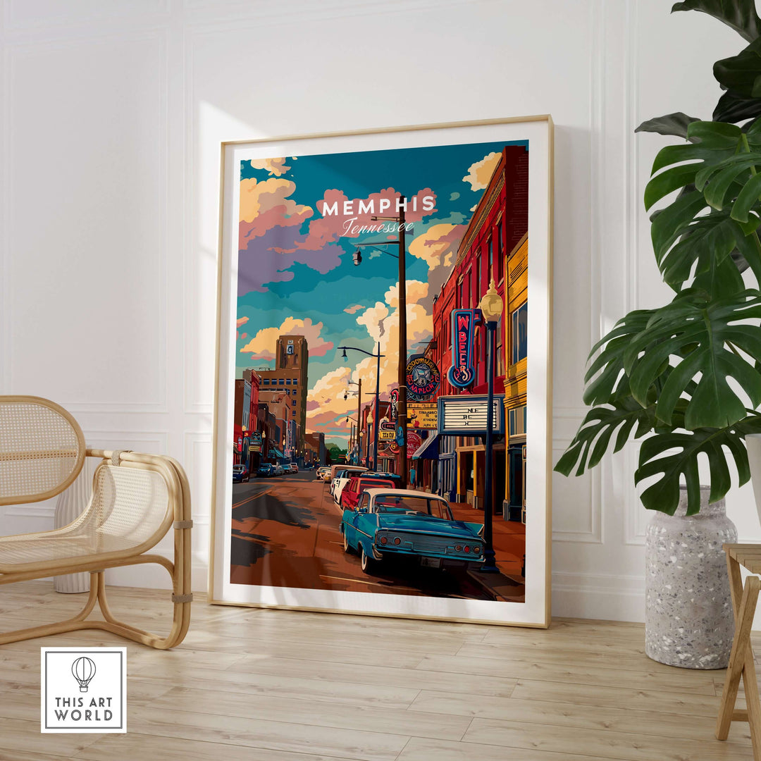 Memphis Tennessee vintage vibe poster showcasing retro downtown scene with colorful cars and buildings.