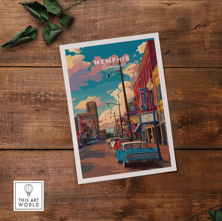 Memphis Tennessee Vintage Poster featuring retro downtown streets and classic cars on wooden background.