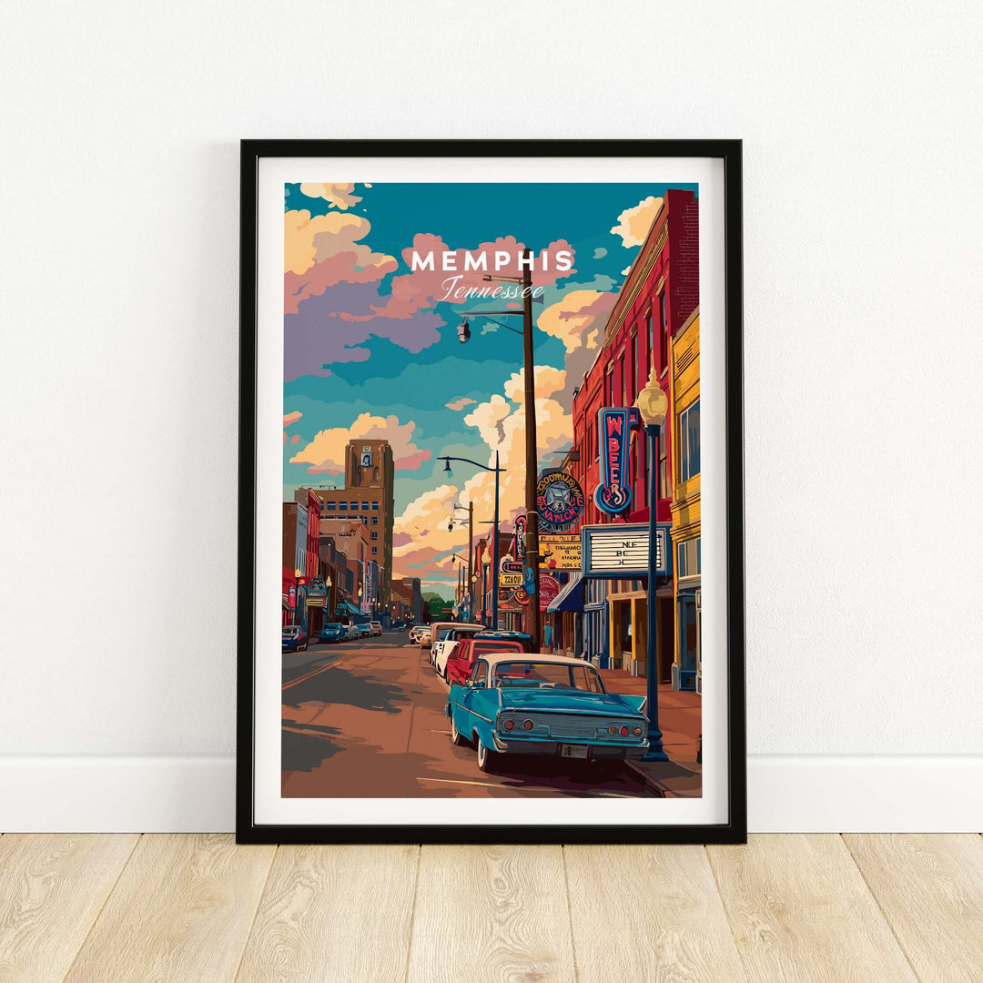 Memphis Tennessee vintage vibe poster featuring retro downtown scene with classic cars and colorful buildings.