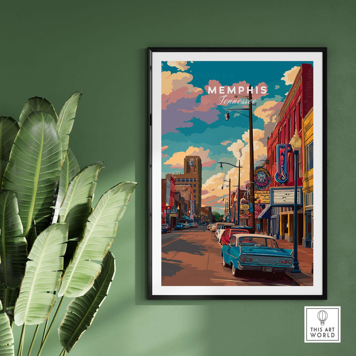 Memphis Tennessee vintage vibe poster showcasing retro downtown scene with classic cars and colorful buildings.