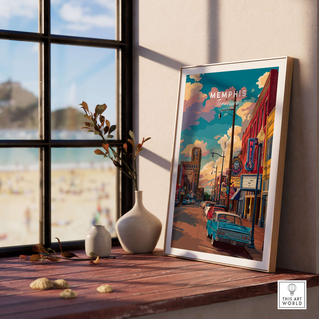 Memphis Tennessee vintage vibe poster displayed on a wooden table, showcasing retro downtown art and vibrant colors.