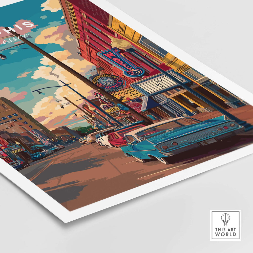 Vintage Memphis Tennessee poster depicting retro downtown street with classic cars and vibrant signage.