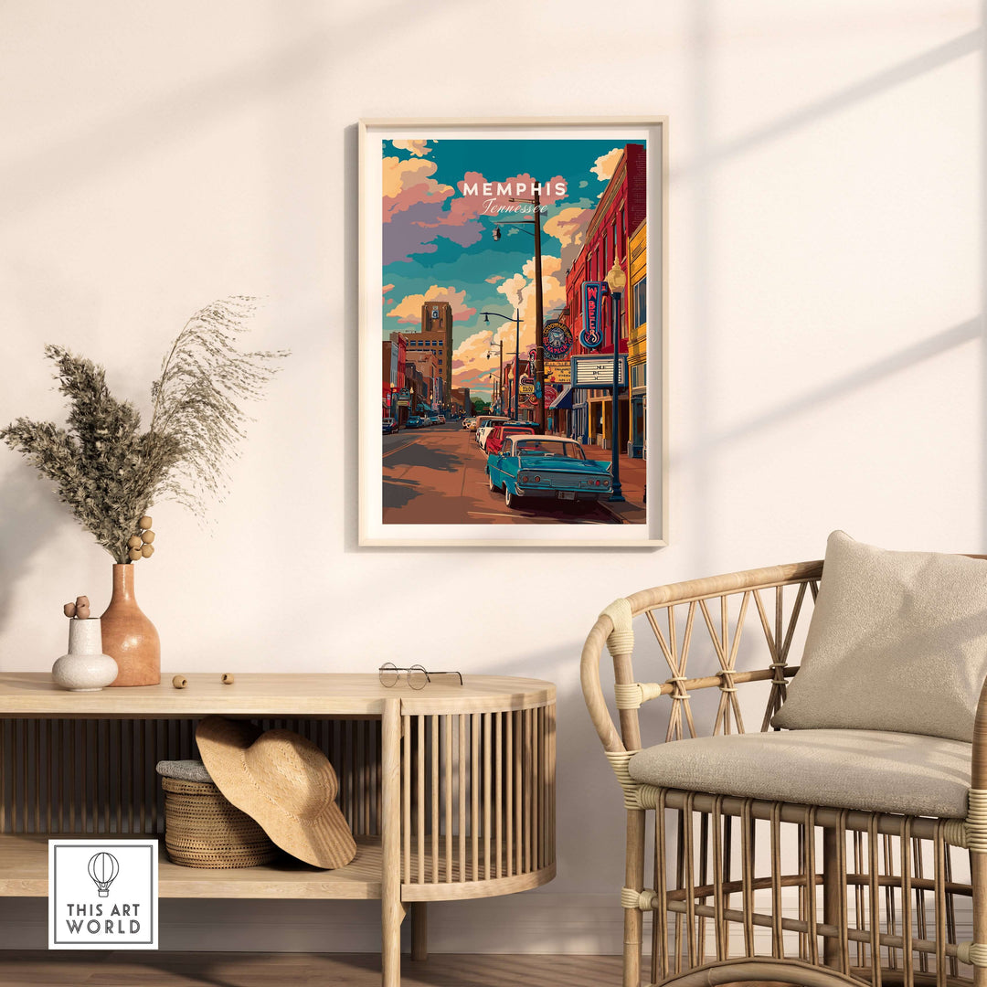 Memphis Tennessee vintage vibe poster displayed in a stylish living room, showcasing retro downtown art.
