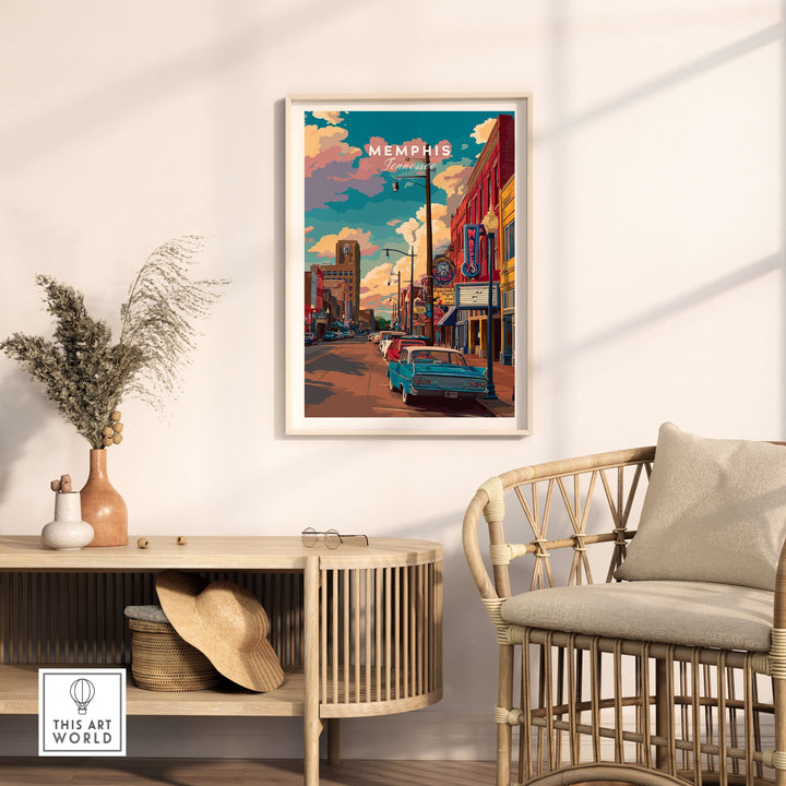 Memphis Tennessee vintage vibe poster displayed in a stylish living room, showcasing retro downtown art.