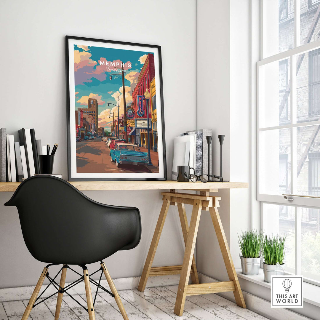 Memphis Tennessee Vintage Vibe Poster displayed in a stylish workspace, showcasing retro downtown wall art.