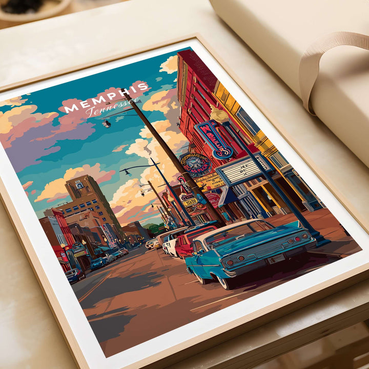 Memphis Tennessee vintage vibe poster showcasing retro downtown with classic cars and vibrant colors.