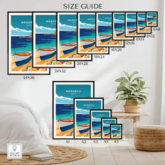 Menorca Travel Poster size guide showcasing various print sizes and vibrant beach design.