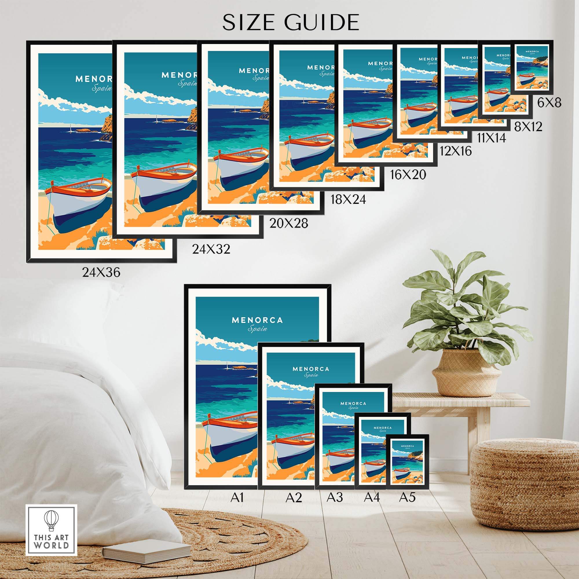 Menorca Travel Poster size guide showcasing various print sizes and vibrant beach design.