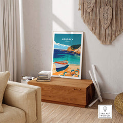 Menorca Travel Poster showcasing a vibrant beach scene with a boat and turquoise waters, perfect for travel lovers.