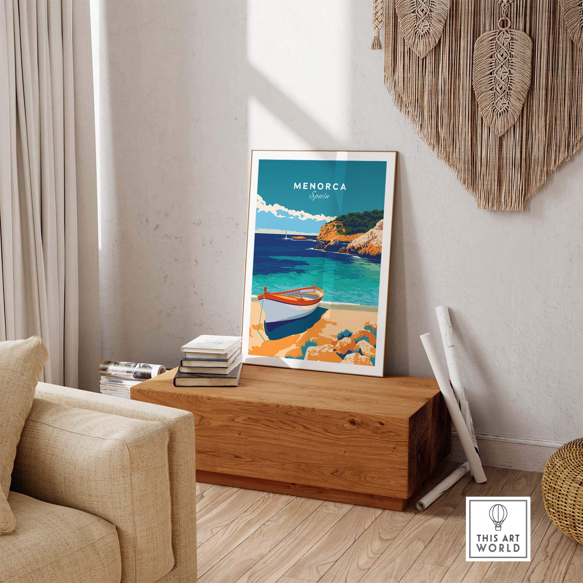 Menorca Travel Poster showcasing a vibrant beach scene with a boat and turquoise waters, perfect for travel lovers.