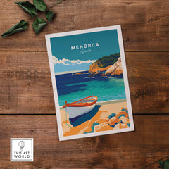 Menorca Travel Poster showcasing a beautiful coastal scene with a boat and vibrant colors in Spain.