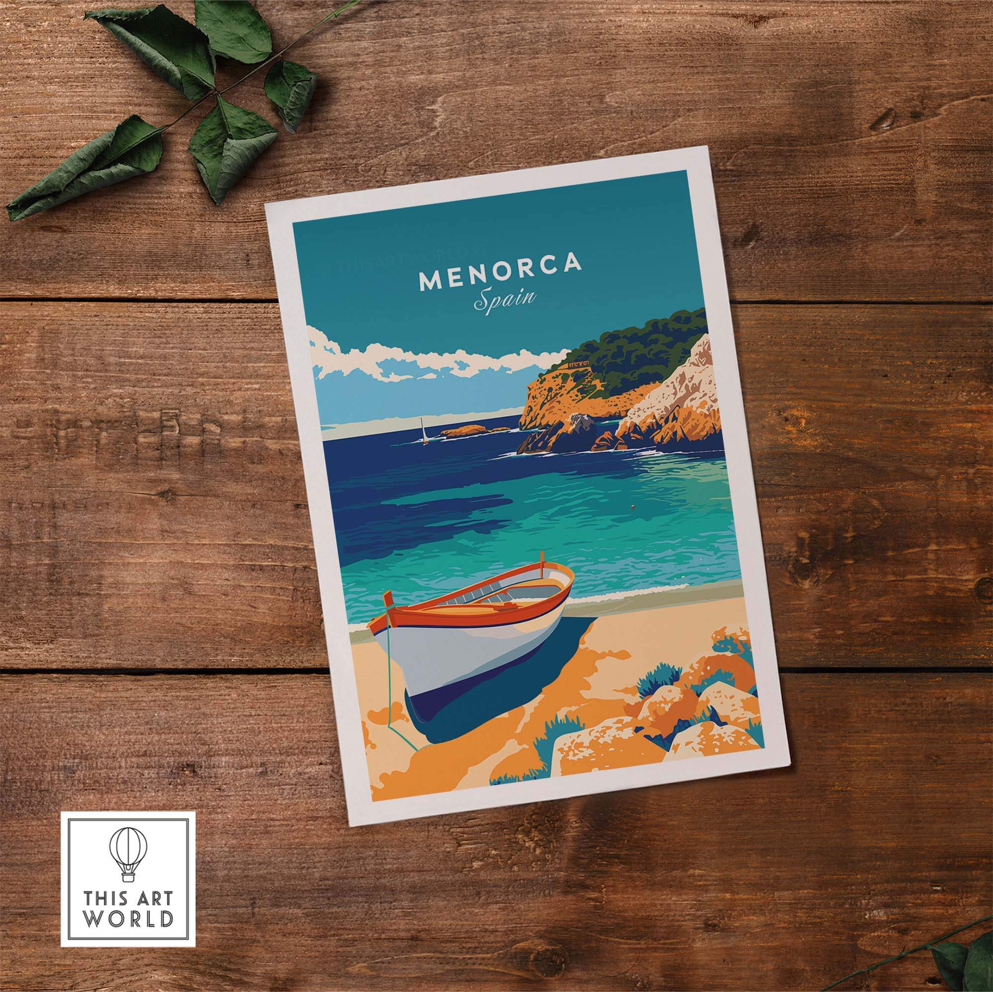 Menorca Travel Poster showcasing a beautiful coastal scene with a boat and vibrant colors in Spain.