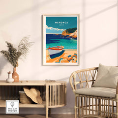 Menorca Travel Poster showcasing a serene beach scene with a boat, perfect for travel lovers and home decor.