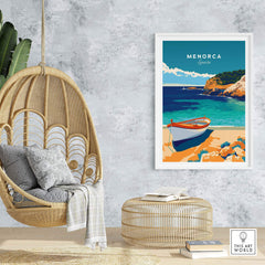 Menorca Travel Poster showcasing a vibrant coastal scene of Menorca, perfect for home decor and travel enthusiasts.