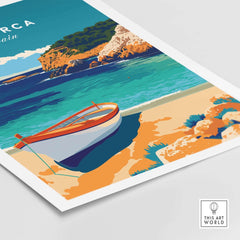 Menorca Travel Poster featuring a colorful illustration of a boat on a beach with vibrant Mediterranean scenery.