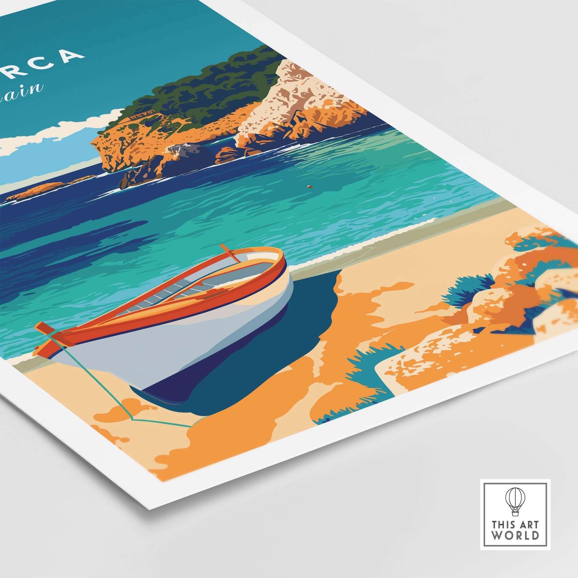 Menorca Travel Poster featuring a colorful illustration of a boat on a beach with vibrant Mediterranean scenery.