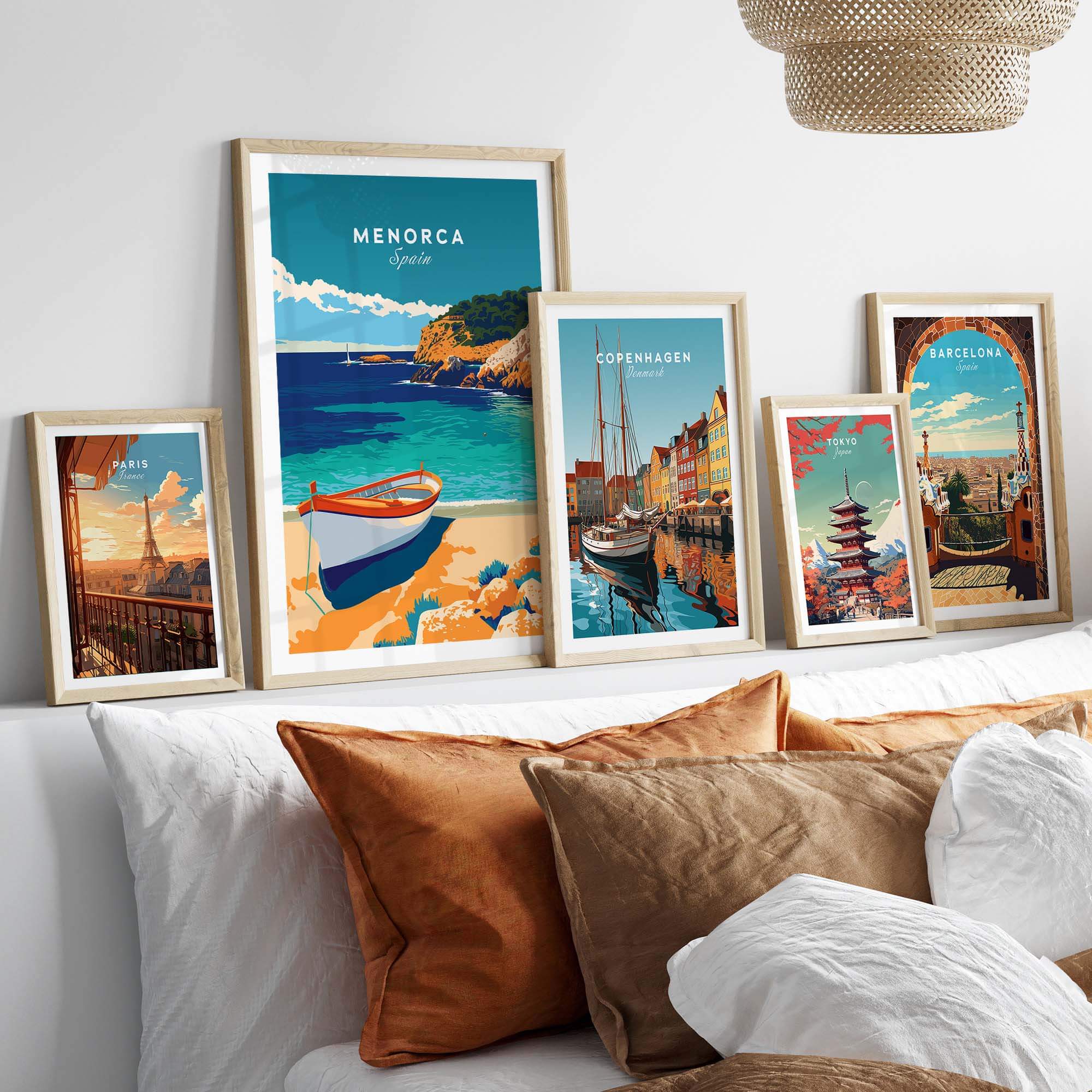 Menorca Travel Poster collection featuring vibrant coastal artwork and famous destination prints.