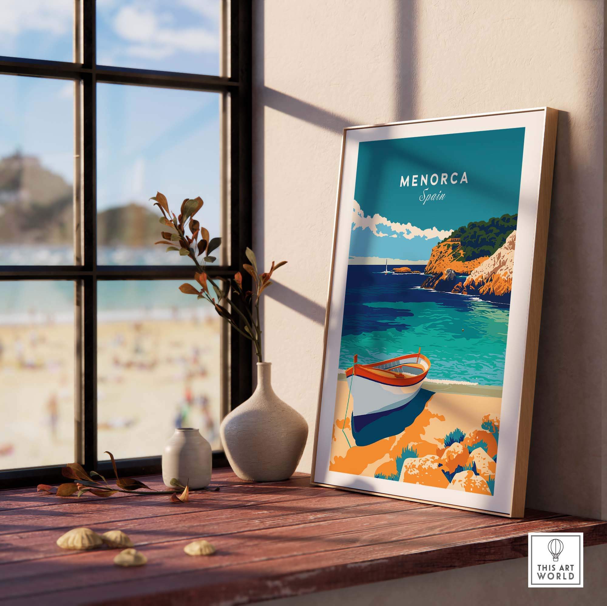 Menorca Travel Poster displayed indoors with a beach view, featuring vibrant colors and a scenic boat.