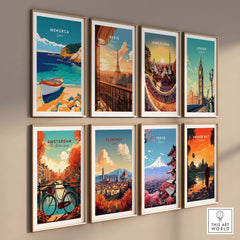 Menorca Travel Poster among framed travel posters showcasing iconic sights from various cities.