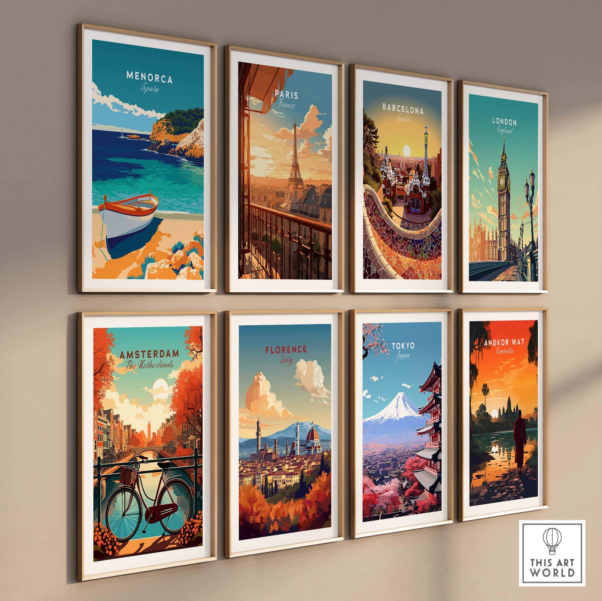 Menorca Travel Poster among framed travel posters showcasing iconic sights from various cities.