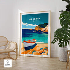Menorca Travel Poster showcasing a vibrant Mediterranean landscape with a boat on the beach, perfect for travel lovers.