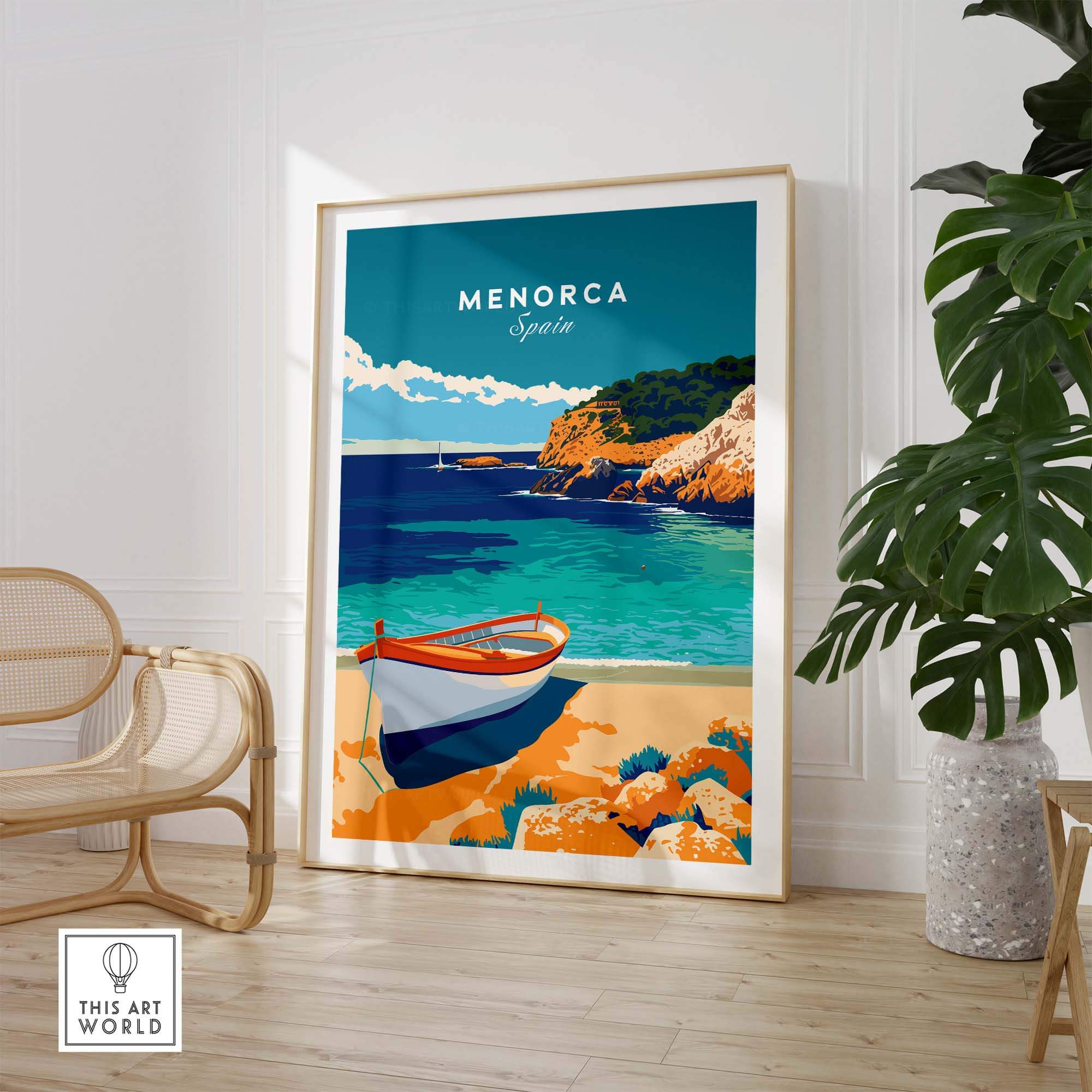 Menorca Travel Poster showcasing a vibrant Mediterranean landscape with a boat on the beach, perfect for travel lovers.